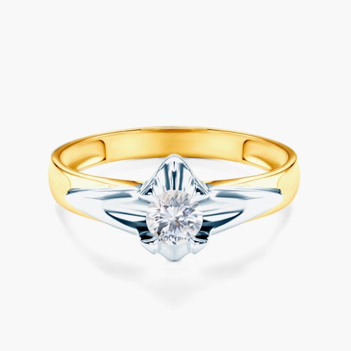 Pierścionek zaręczynowy SAVICKI: dwukolorowe złoto, biały szafir